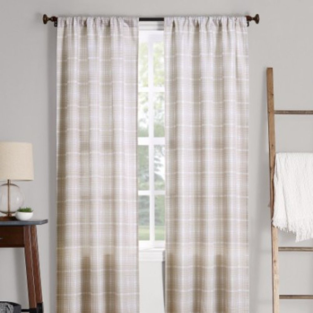 No. 918 Sebastian Tan and White Plain & Check Rod Pocket Panels